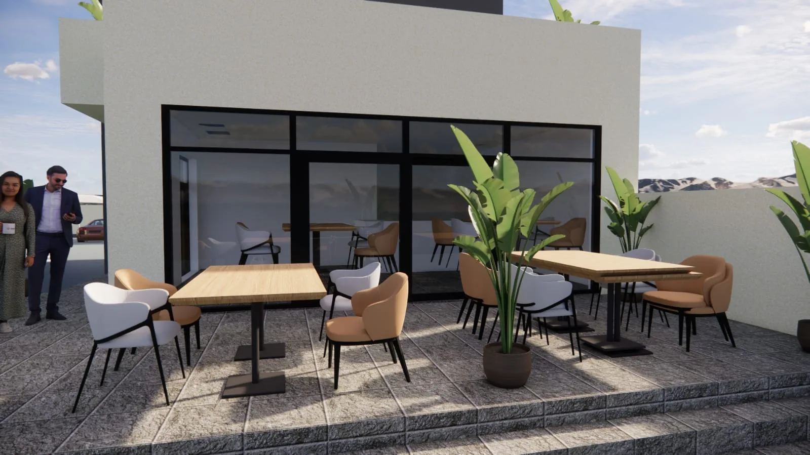 The outdoor café terrace in front of the service building's glazed frontage.