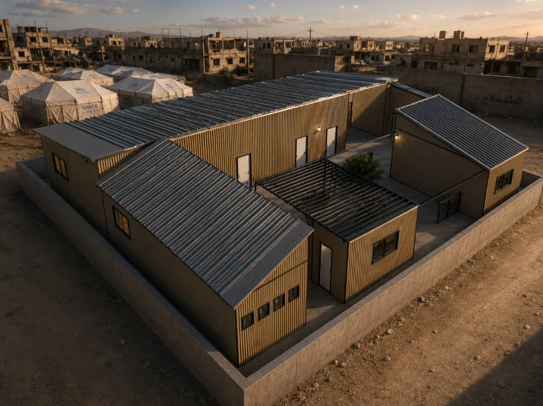 The compound in context: a perimeter wall, a courtyard under solar shading, and neighbouring buildings.