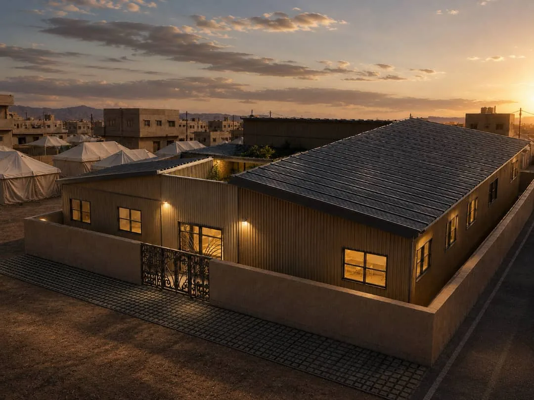 The same compound at sunset, with the interior and external lighting on.