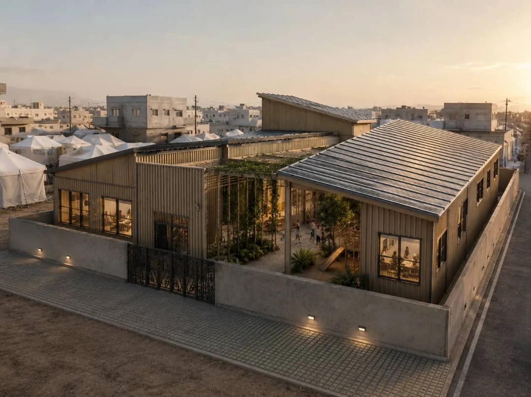 The compound at dusk with the courtyard in use, the internal rooms visible through the glazing.