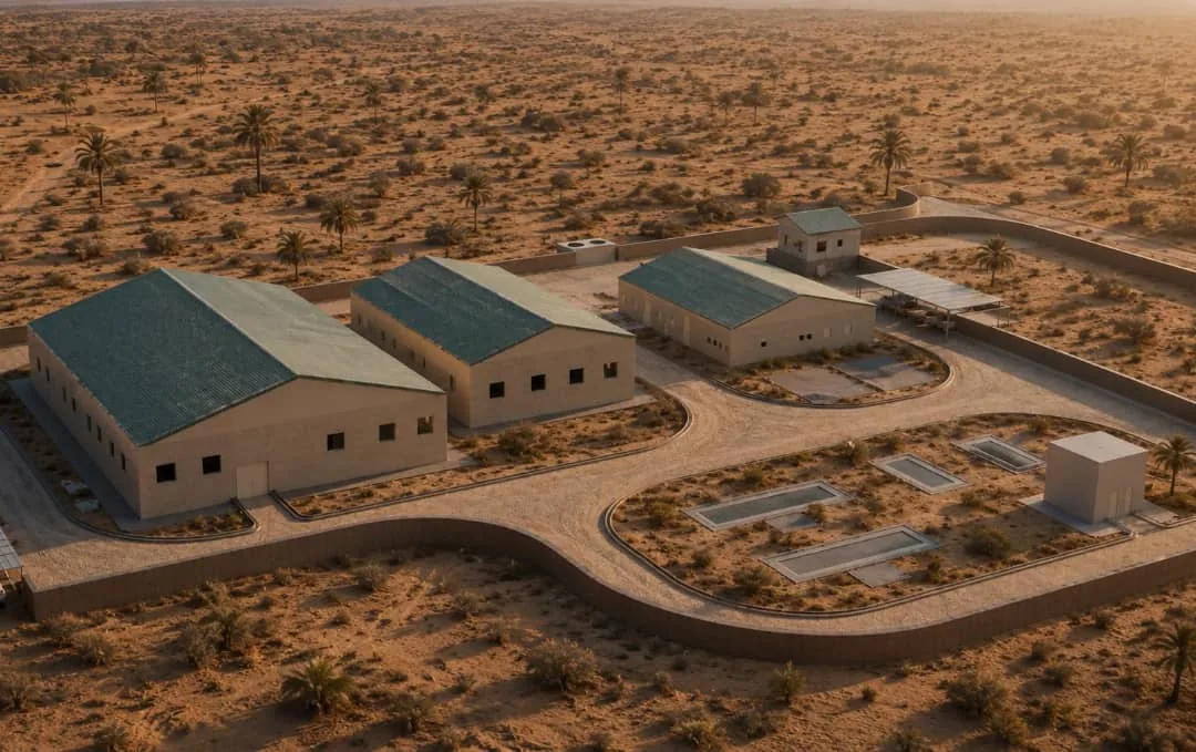 An oblique aerial of the compound among desert palms at sunset.
