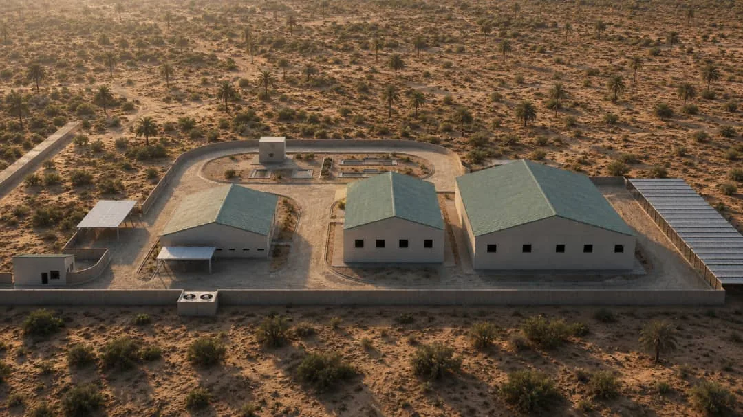 The compound from the opposite side, the solar array running along the perimeter wall.