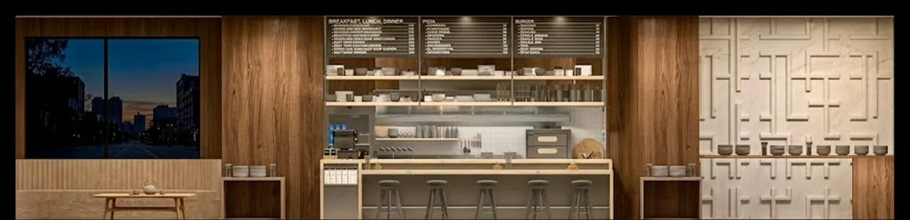 A flat internal elevation of the service counter: shelving, menu board and bar stools.