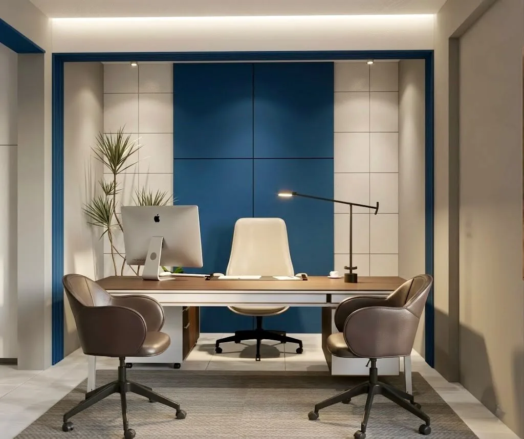 An executive office: a timber desk, a panelled feature wall and concealed ceiling lighting.